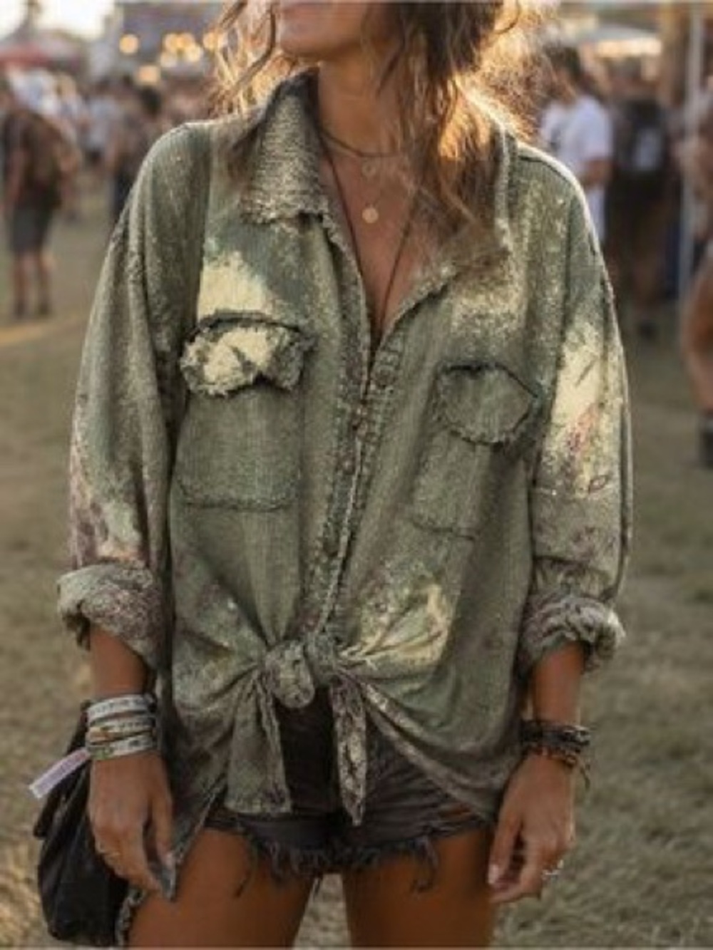 A RARE BIRD Distressed Striped Olive Button-Up Shirt Cotton One Size Boho Women